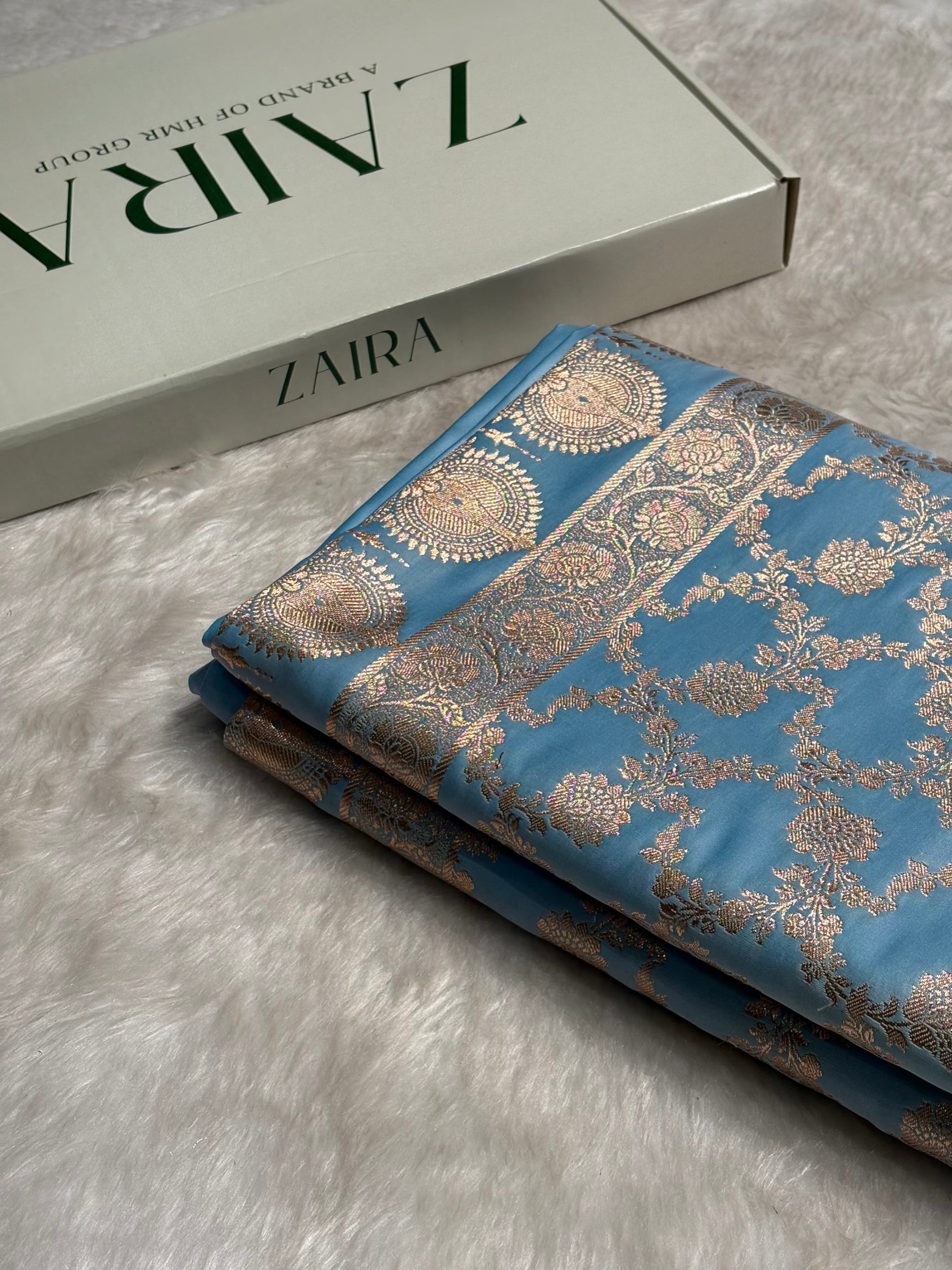 Sky Blue Jaal Pattern Satin Katan Silk Saree SK25