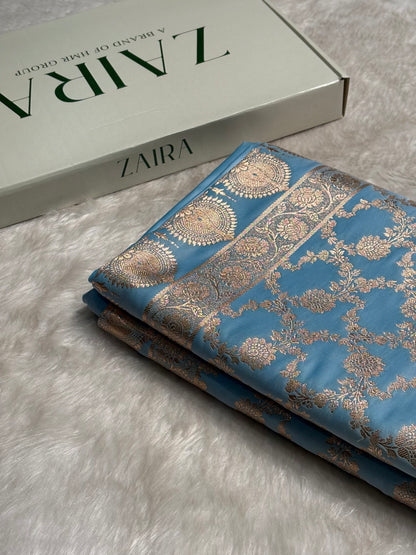 Sky Blue Jaal Pattern Satin Katan Silk Saree SK25