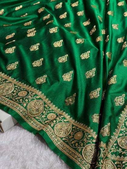 Banarasi Satin Katan Saree With Aari Zardozi Work Boota in Bottle Green Shades BSK98