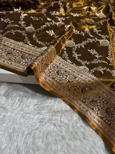 Light Weight Mehndi Gold Satin Silk Saree with Swarovski work BSS14