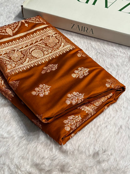 Banarasi Satin Katan Saree in Rust Orange Shades SK84