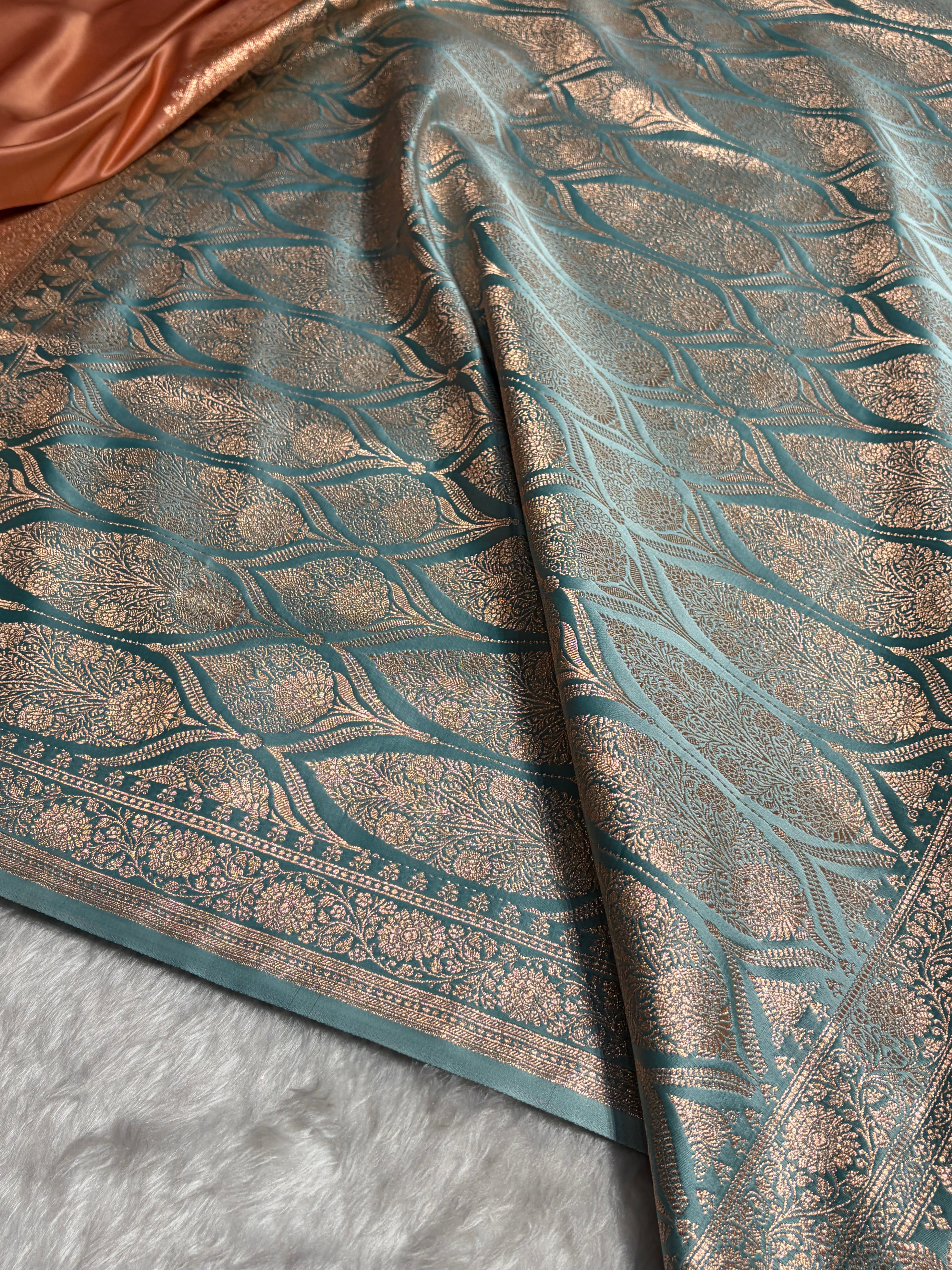 Banarasi Satin Katan Saree in Contrast Peach  /  Turquoise Shades SK131