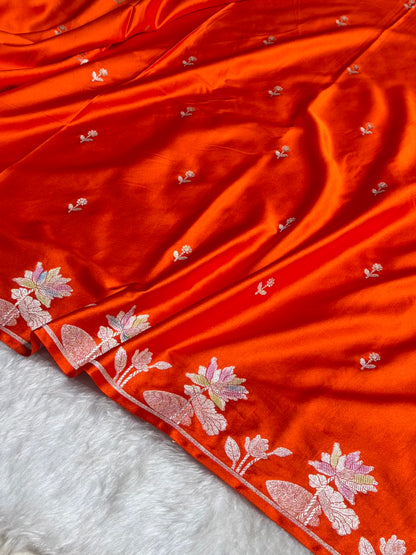 Orange Floral Border With Banarasi Minakari Booti Mashru Silk Saree MS54