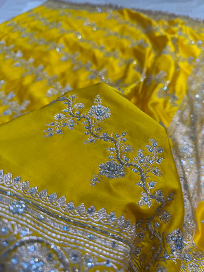 Yellow Cross Mashru Silk Saree with Ari and Stone and Gotta Patti