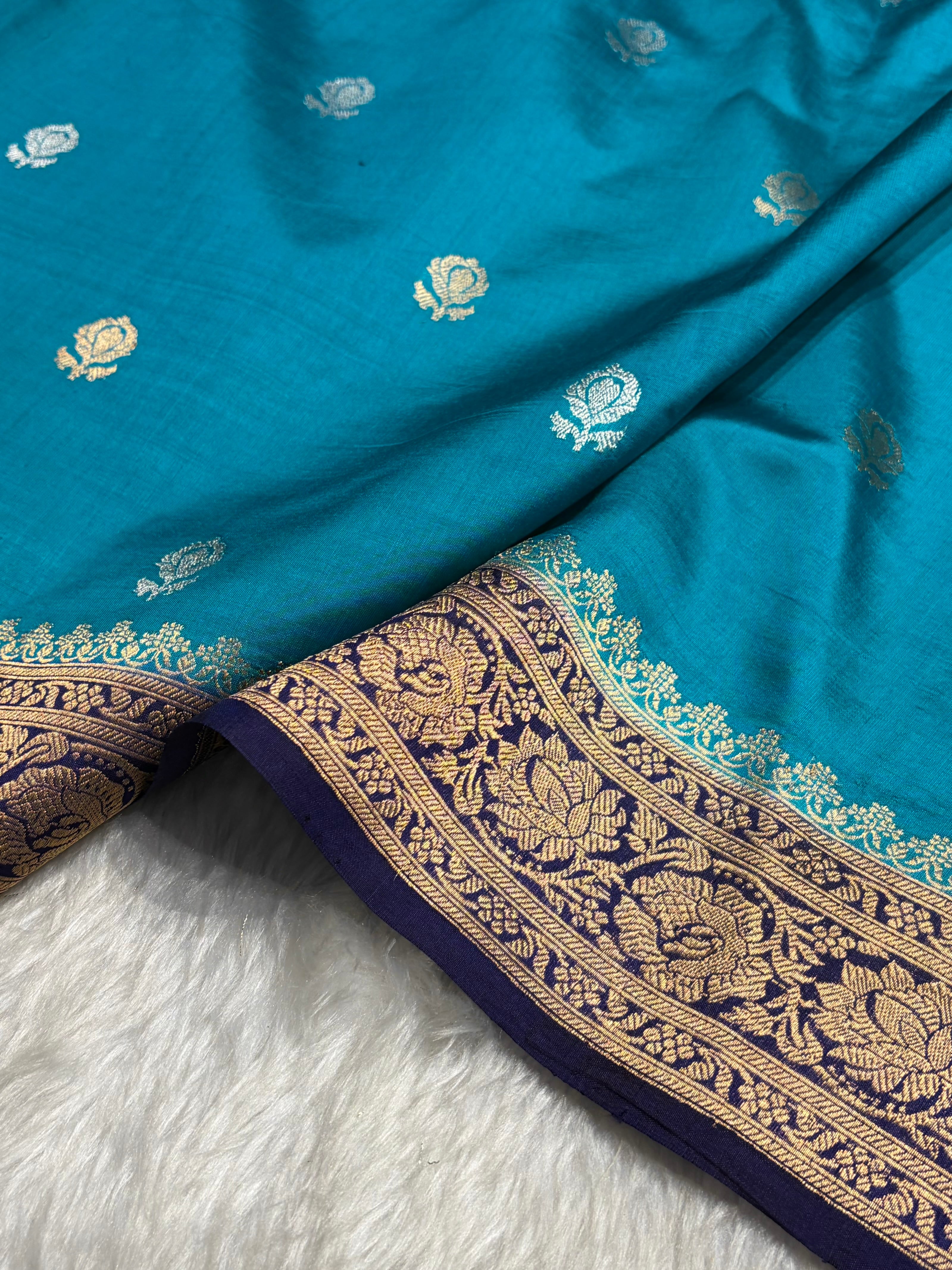 Contrast Firozi With Purple Shades Boota Handwoven Pure Raw Mango Silk RM-07