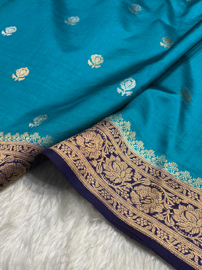 Contrast Firozi With Purple Shades Boota Handwoven Pure Raw Mango Silk RM-07