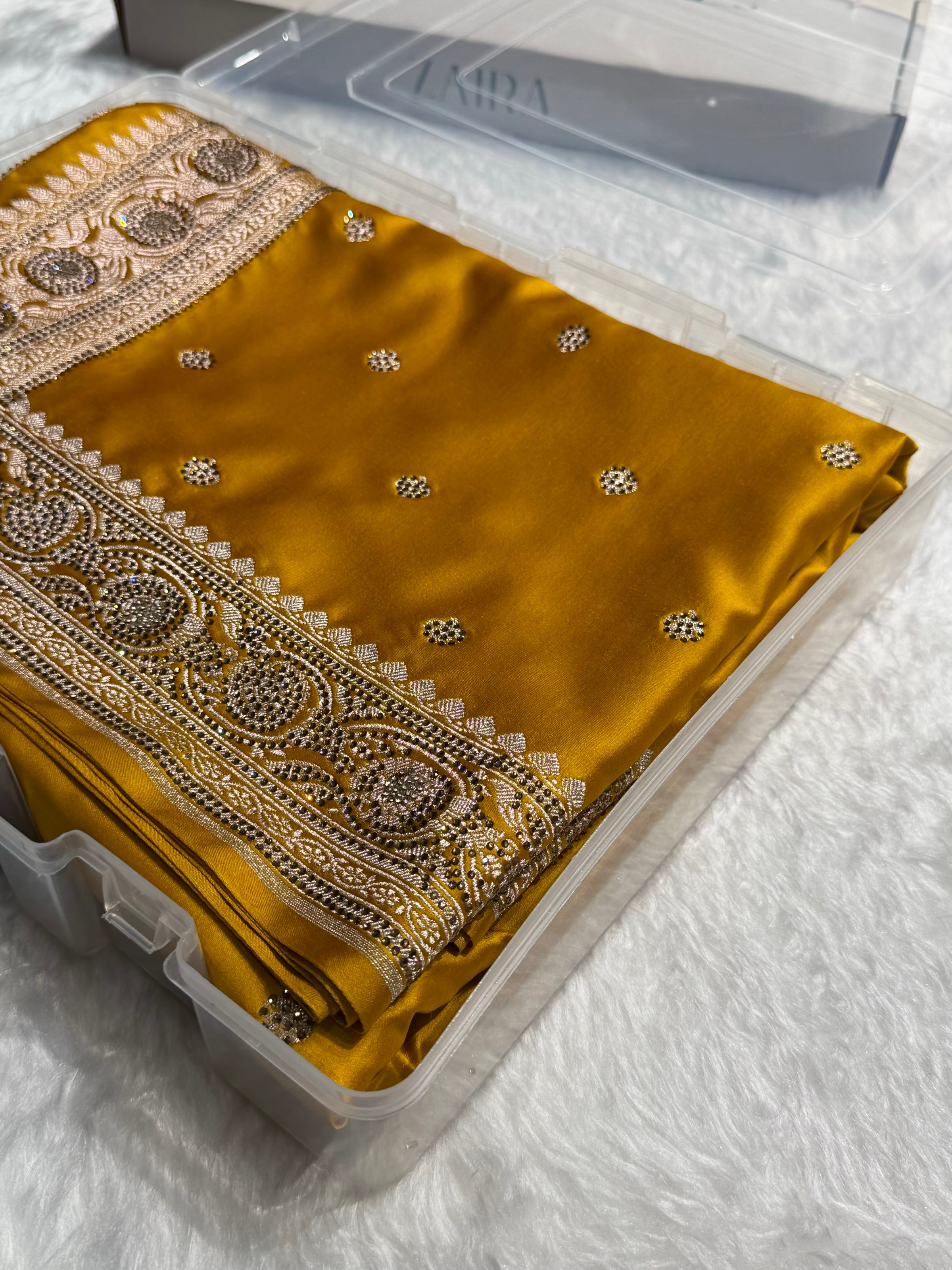 Banarasi Mustard Yellow Shades Booti With Swarovski Stone Work Mashru Silk Saree BMS10