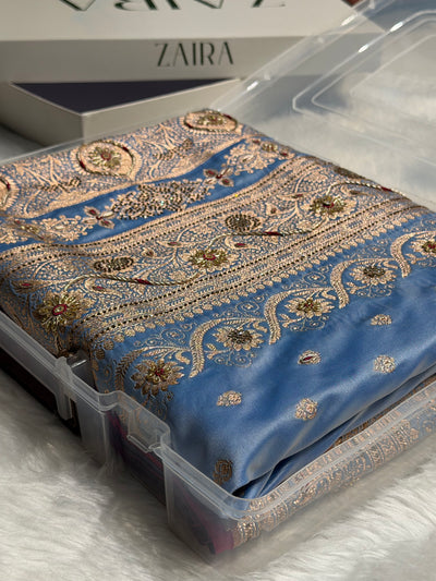 Banarasi Satin Katan Silk Saree With Ari Zardozi And Swarovski Work In Pastel Firozy Shades BSK08