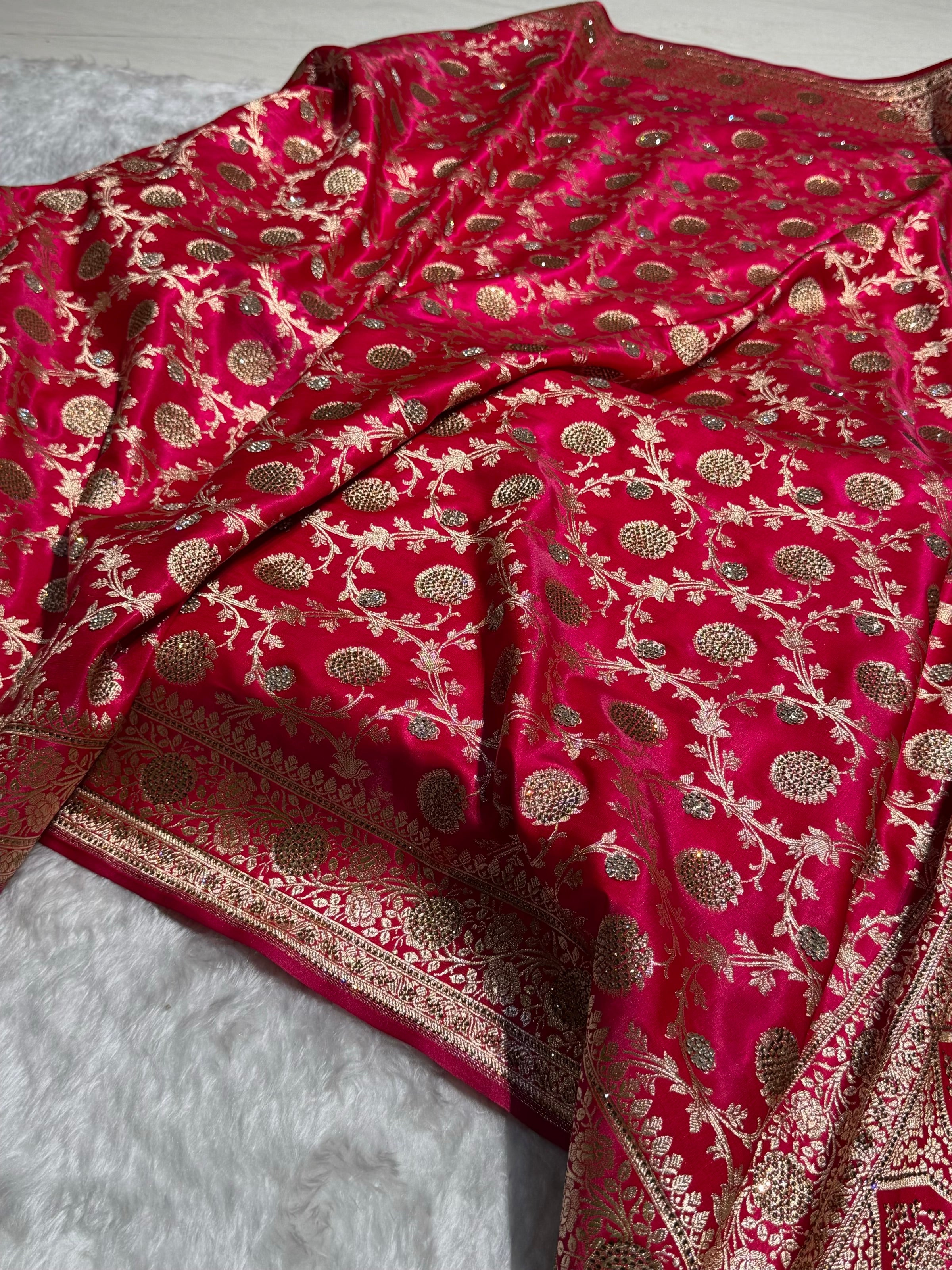 Cross Rani With Swarovski Stone Work Jaal Pattern Satin Silk Saree BSS15