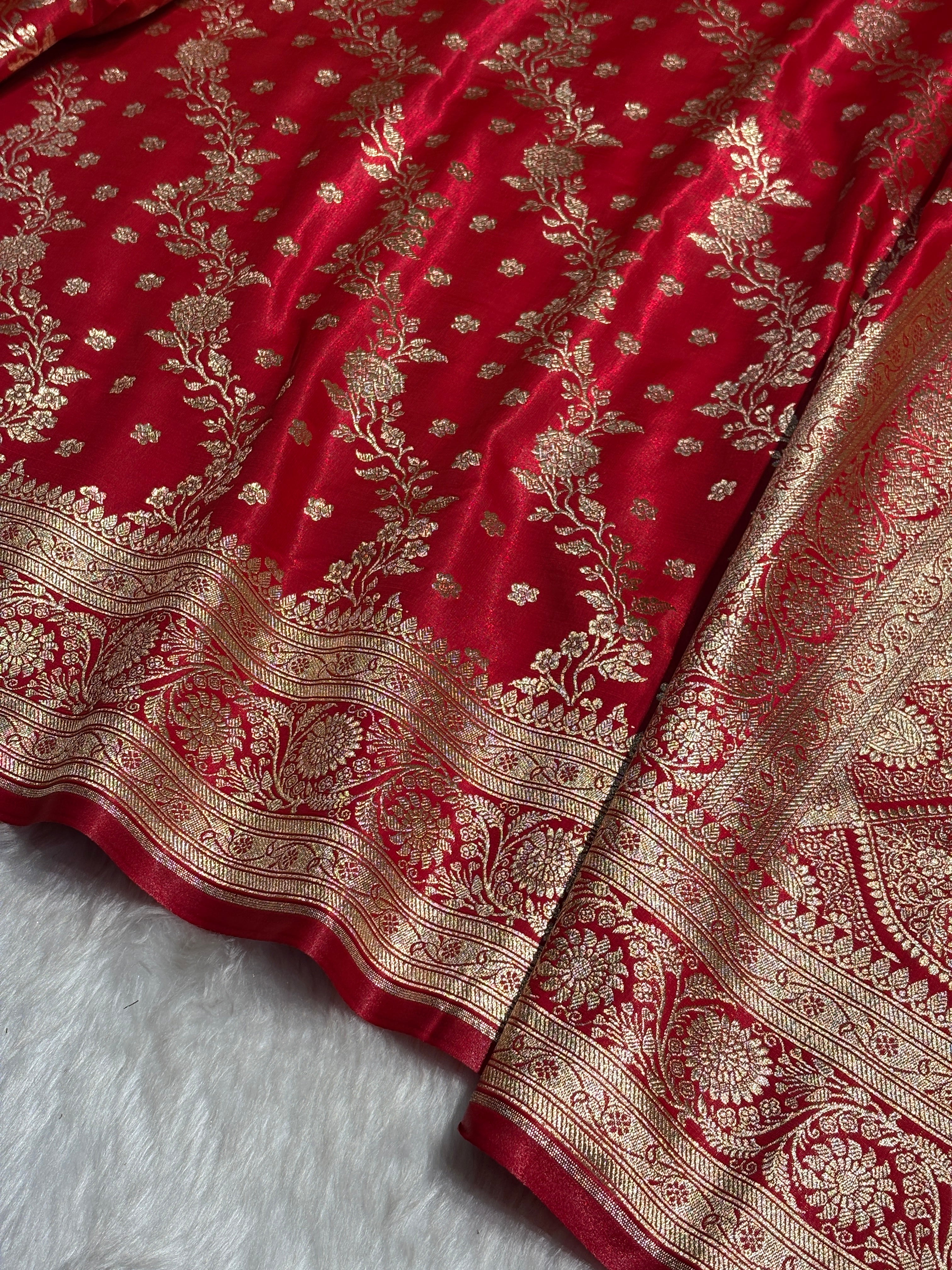Satin Silk Saree Cross with Booti in Ruby Red Shades SS24