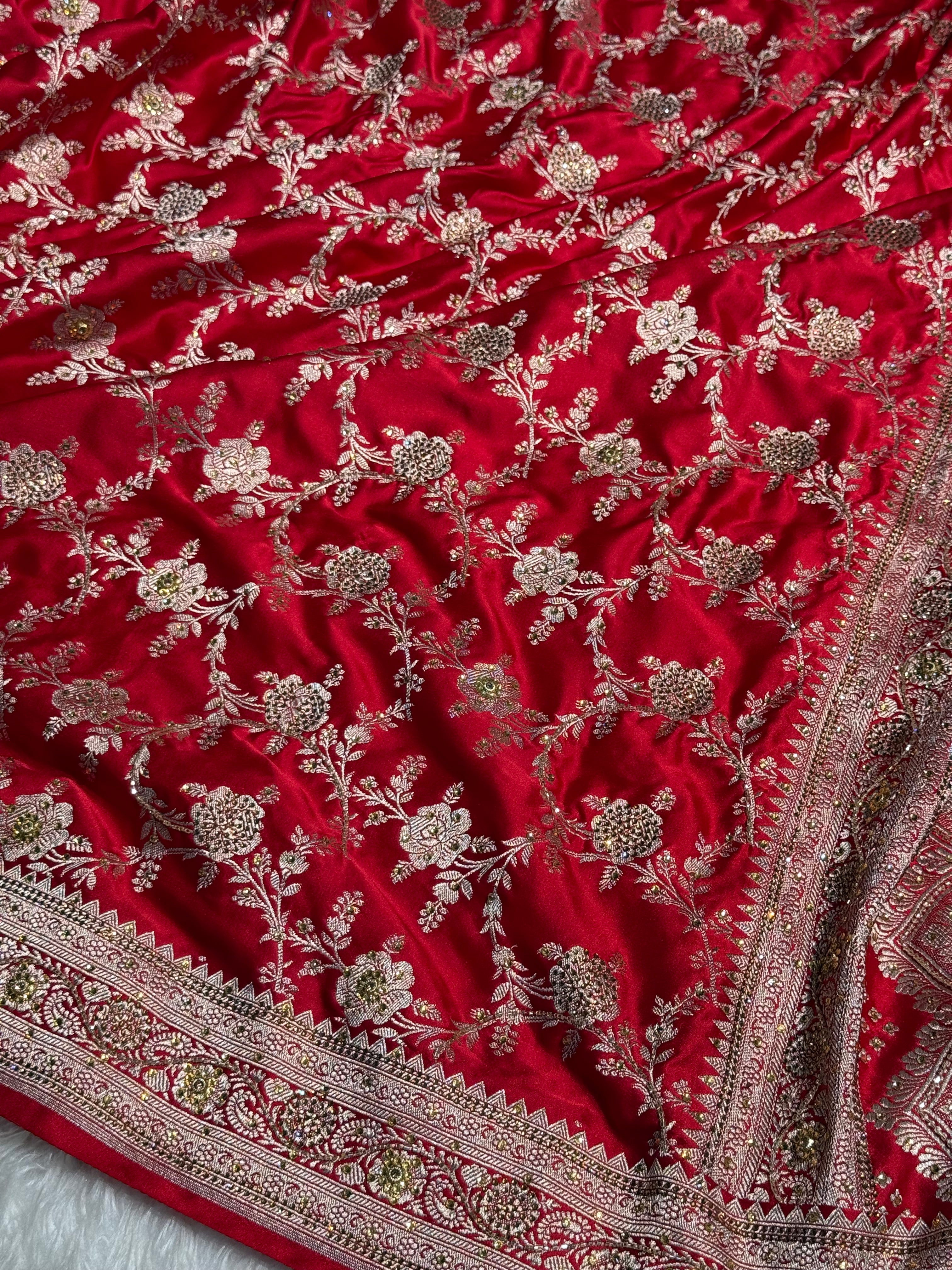 Red Mashru Silk with Ari and swarovski work