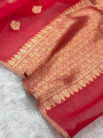 Pure Banarasi Organza Red Shades With Minakari Floral Banarasi Silk Saree PO-30