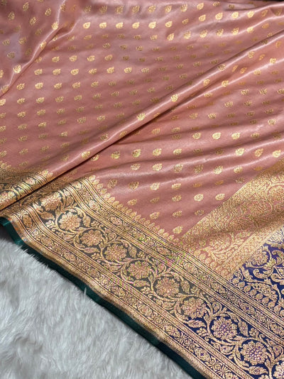 Banarasi Contrast Satin Silk Booti in Rose Gold With Peacock Shades SS01