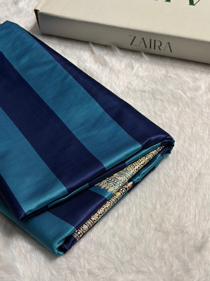 Sky Blue With German Blue Horizontal Strips Floral Border & Brocket Blouse Mashru Silk Saree MSM-84