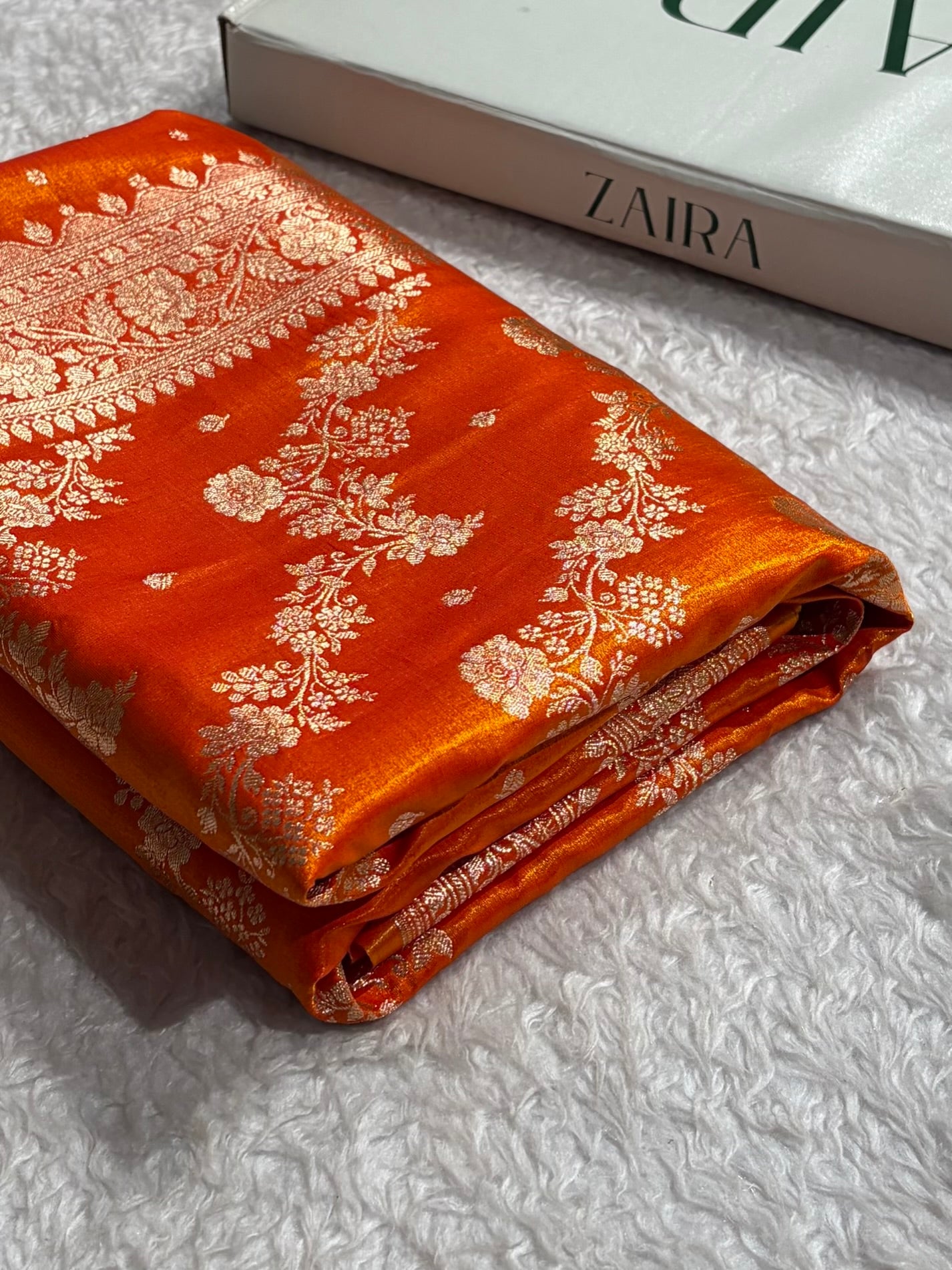 Satin Silk Saree Banarasi Cross with booti In Fire Gold Shades SS22