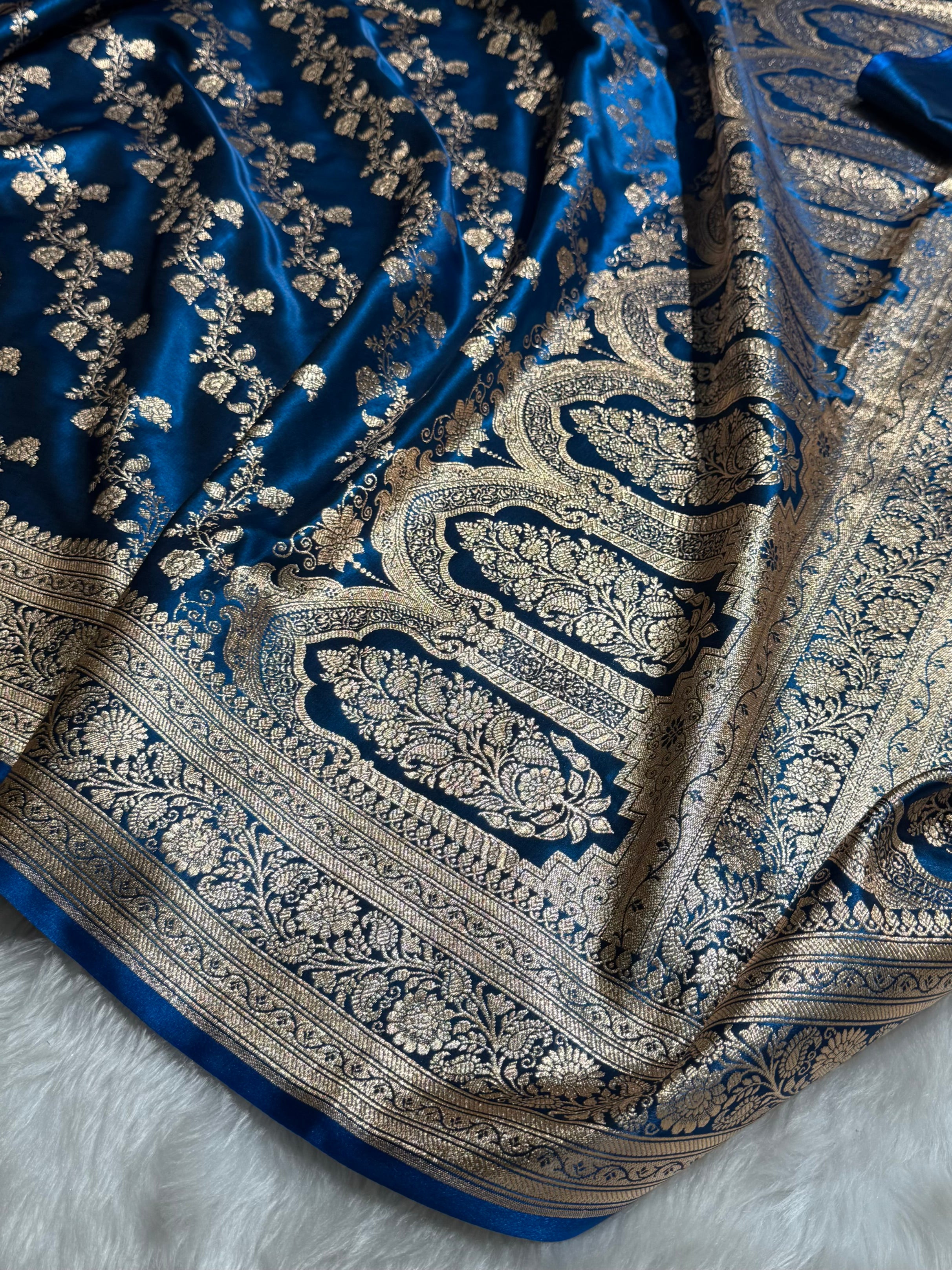 German Blue Shades Banarasi  Cross Jaal Satin Silk Saree SS11