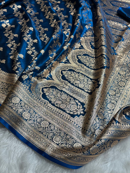 German Blue Shades Banarasi  Cross Jaal Satin Silk Saree SS11