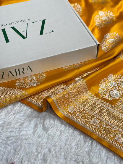 Premium Banarasi Satin Katan Saree With Minakari Boota in Mustard Shades SK93