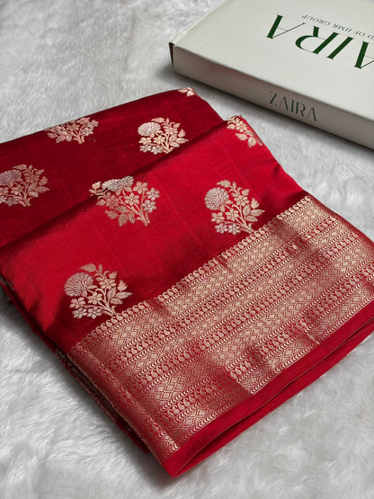 Red Flower Booti Pure Caramel Silk Saree CS-12