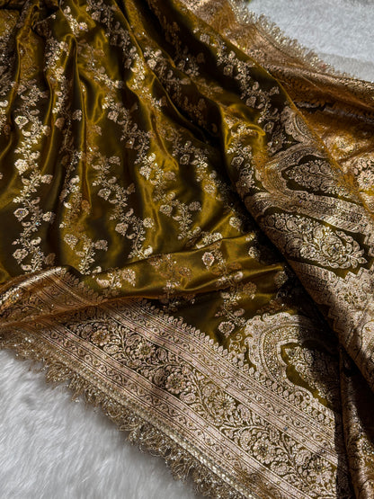 Bridal Mehandi Gold Cross Satin Silk with Ari and Stone work