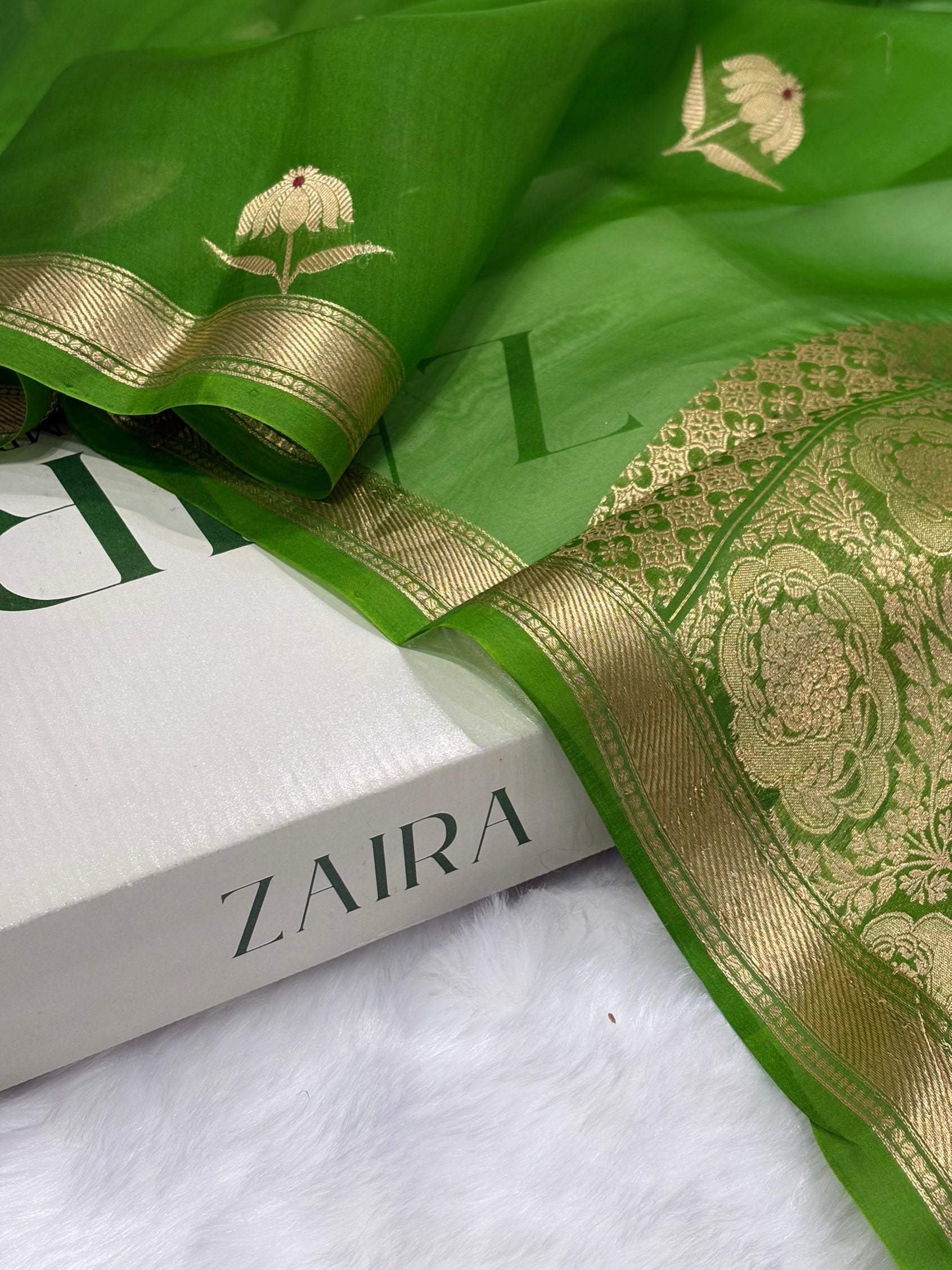 Pure Organza Light Mehendi Floral Meena Banarasi Silk Saree PO-02
