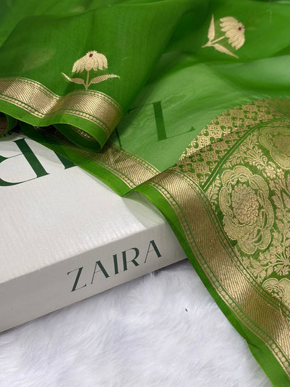Pure Organza Light Mehendi Floral Meena Banarasi Silk Saree PO-02