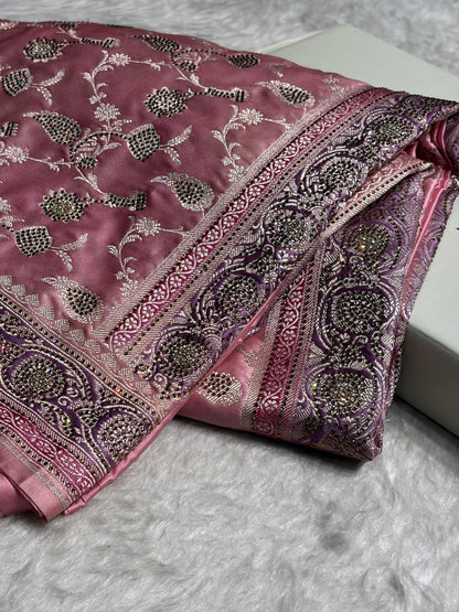 Baby Pink Shades In Banarasi Swarovski Work Jaal Mashru Silk Saree BMS42