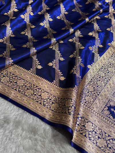 Royal Blue Shades Cross Pattern Banarasi Satin Silk Saree SS50