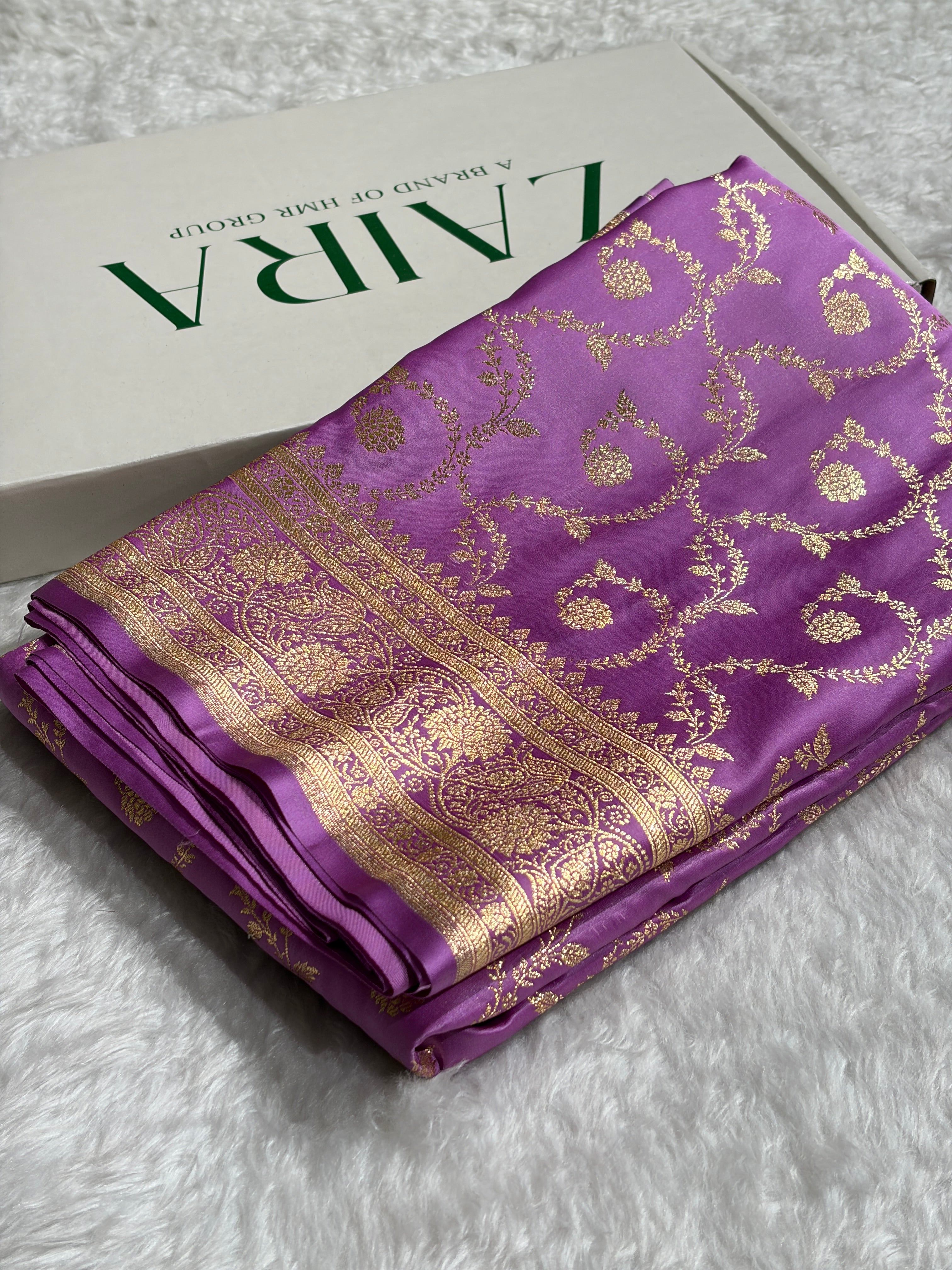 Lavender Shades Floral Jaal Pattern Satin Katan Silk saree SK55