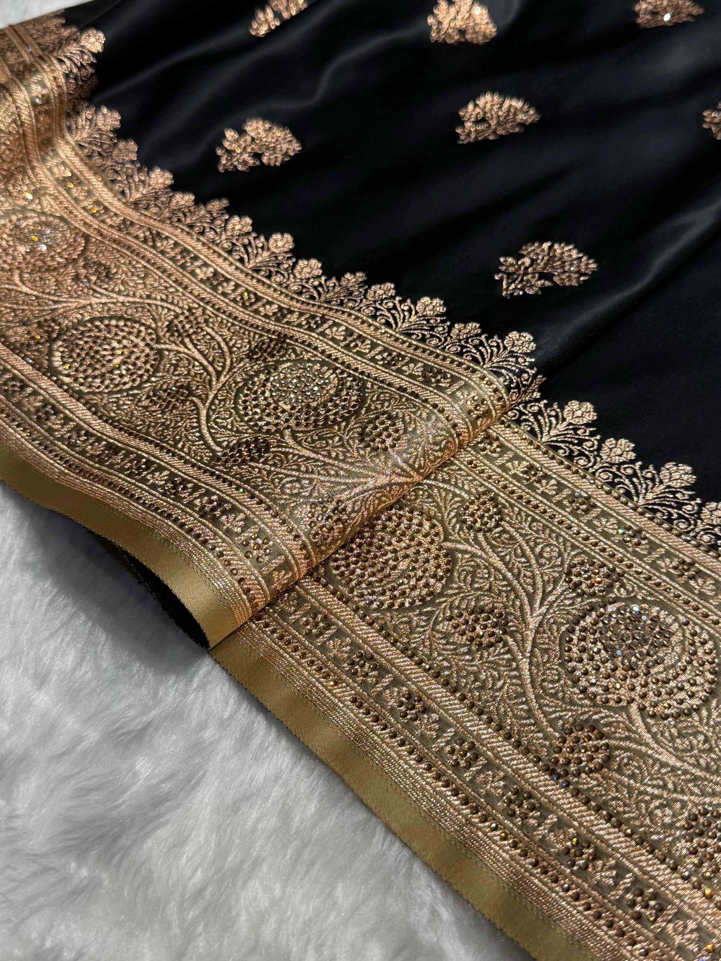 Black - Cream Banarasi Boota With Swarovski Katan Silk Saree BSKM29