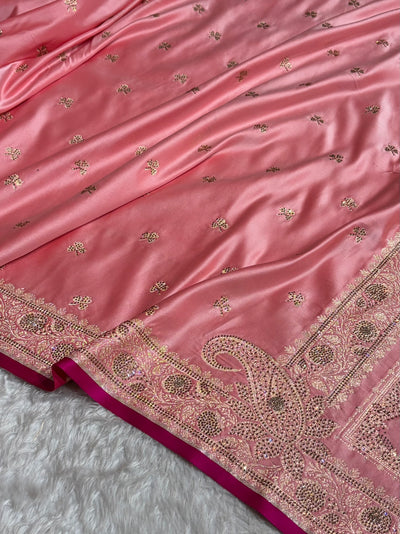 Banarasi Baby Pink Booti With Swarovski Work Katan Silk Saree BSK09
