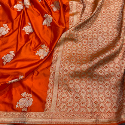 Orange Sona Rupa Floral Motif Mashru Silk Saree