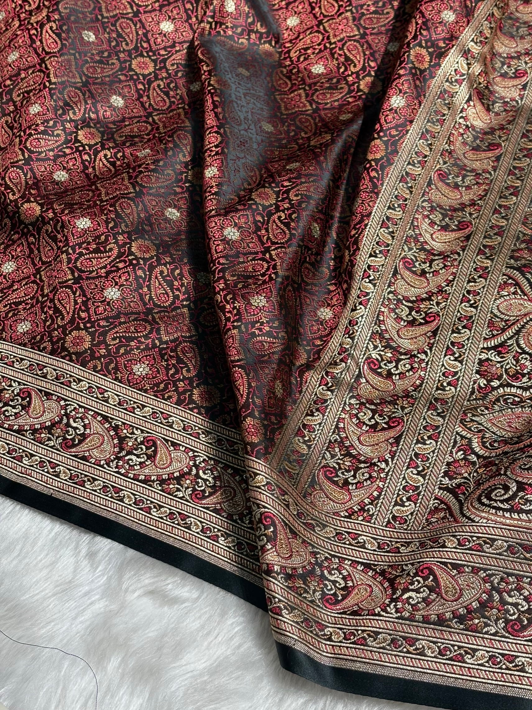 Dark Chocolate Jamawar Tanchoi Jaal Katan Silk Saree SKTM-19