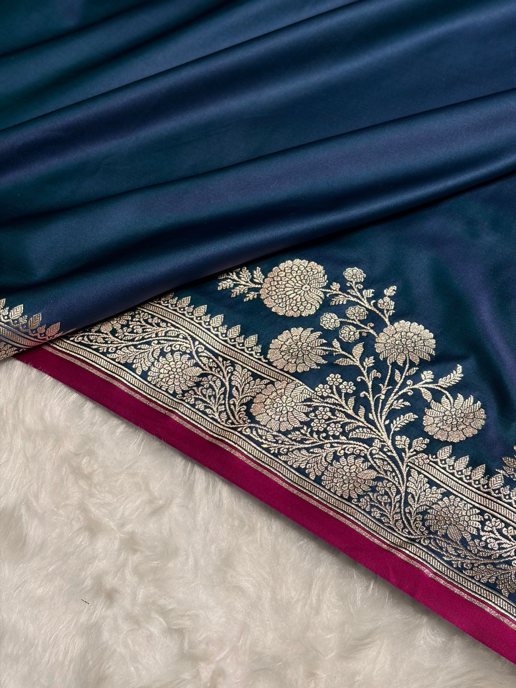 German Blue Shades Floral Border Mashru Silk Saree MSM-62