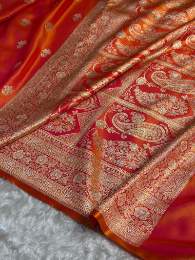 Pinkish Orange Shades Minakari Boota Pattern Banarasi Satin Silk Saree SS44