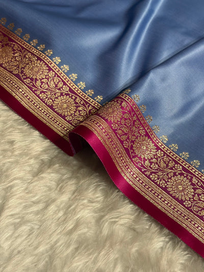 Banarasi Satin Katan Saree in Contrast Sky Blue and Rani Shades SK131