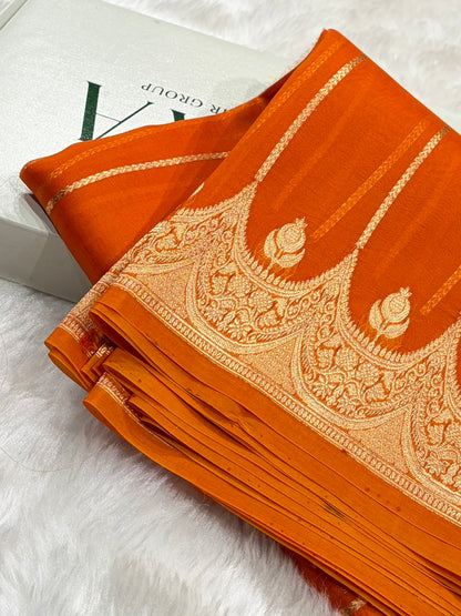 Banarasi Pure Organza Orange Shades With Scallop Stripe Banarasi Silk Saree PO-31