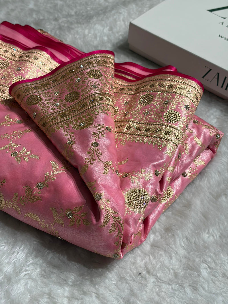 Light Weight Baby Pink Satin Silk Saree with Swarovski work BSS14