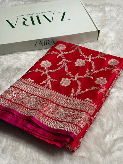 Red Jaal Pattern Satin Katan Silk Saree SK66