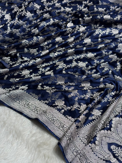 Navy Blue Floral Jaal Mashru Silk Saree  MCS28