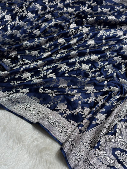 Navy Blue Floral Jaal Mashru Silk Saree  MS28