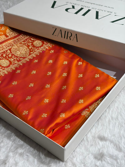 Banarasi Satin Katan Saree With Boota in Fanta Orange Shades SK117