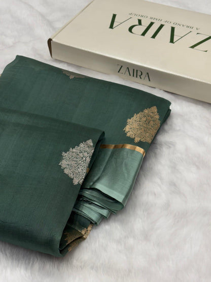 Pure Organza With Raw Mango Border Mouse Gray Shades Banarasi Silk Saree PO-03