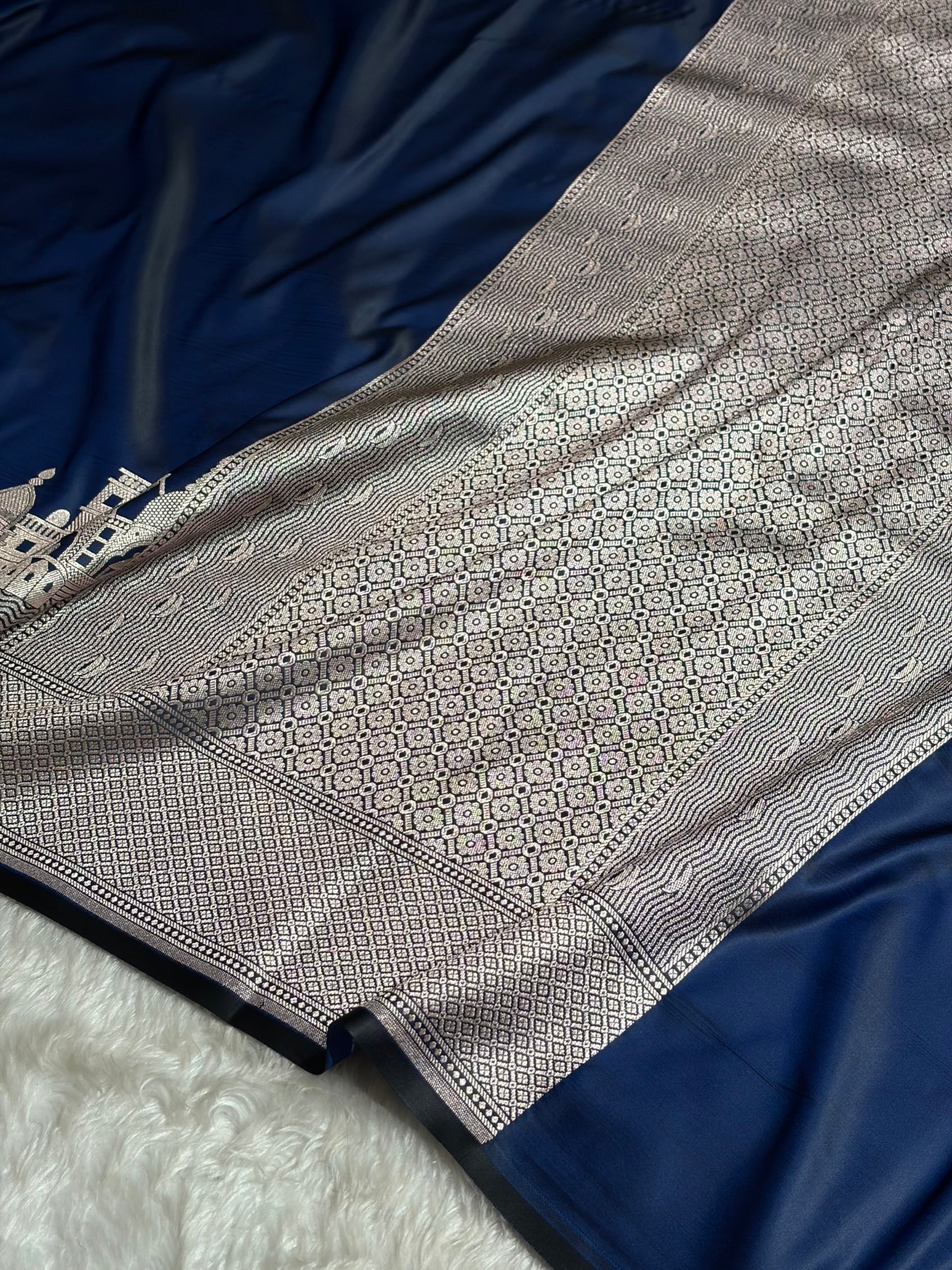 Cross Navy Shades Ghat Pattern Satin Katan Silk Saree SK19