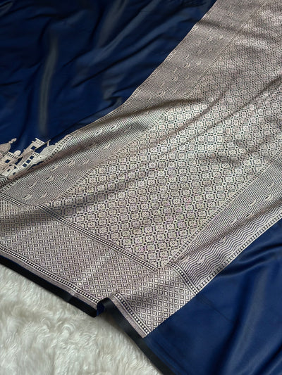 Cross Navy Shades Ghat Pattern Satin Katan Silk Saree SK19