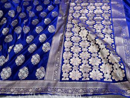 Premium Banarasi Satin Katan Saree With Minakari Boota in Royal Blue Shades SK93