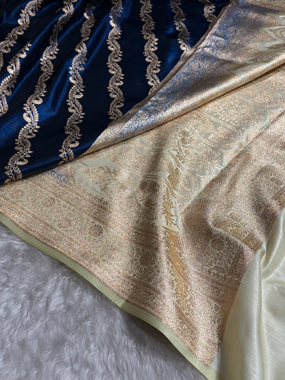 Royal Blue Contrast Shades Cross Pattern Banarasi Satin Silk Saree SS39