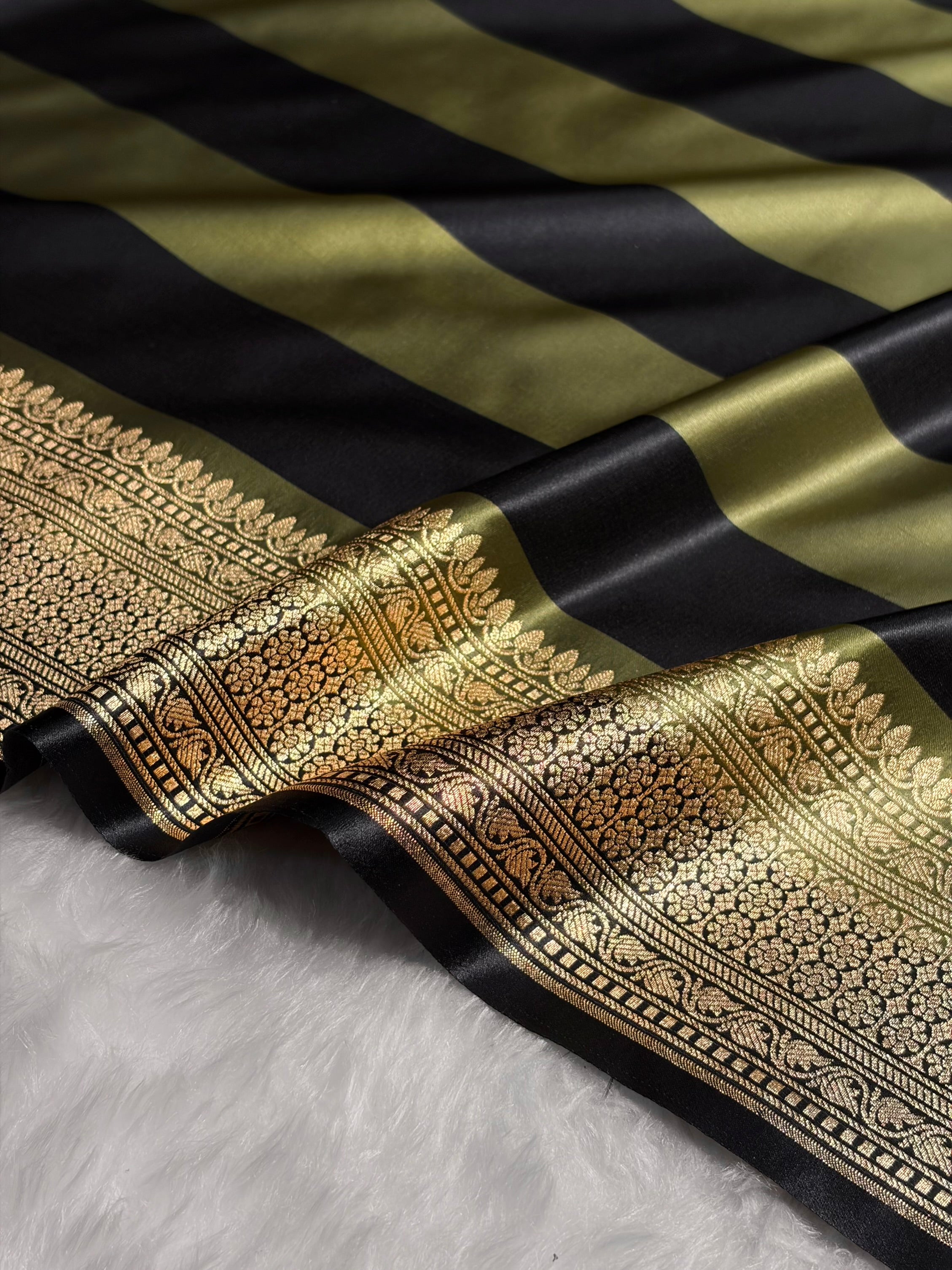 Olive With Black Horizontal Strips Floral Border & Brocket Blouse Mashru Silk Saree MSM-84