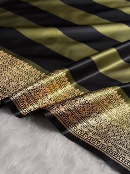 Olive With Black Horizontal Strips Floral Border & Brocket Blouse Mashru Silk Saree MSM-84