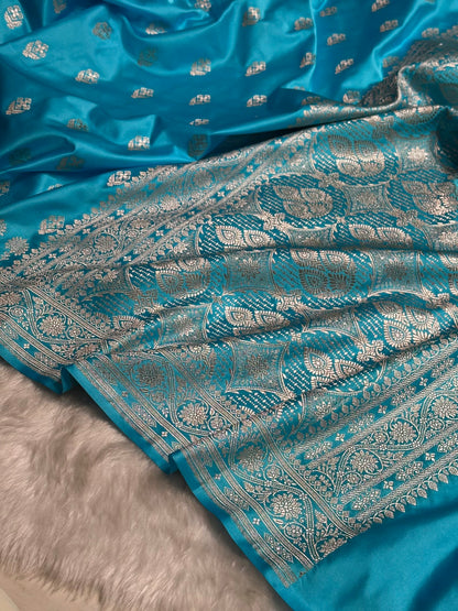 Firozi Shades Floral Border Boota Mashru Silk Saree MS66